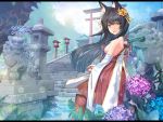  1girl animal_ear_fluff animal_ears architecture azur_lane bangs bare_shoulders black_hair day east_asian_architecture eyebrows_visible_through_hair flower fox_ears from_side grass hydrangea komainu letterboxed long_hair looking_at_viewer nagato_(azur_lane) nature open_mouth outdoors shrine sidelocks smile solo sparkle stairs stone_lantern sugita_ranpaku torii twitter_username umbrella yellow_eyes 
