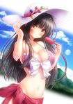  1girl bangs bikini black_hair blue_sky breasts cleavage cloud cloudy_sky collarbone commentary_request dutch_angle eyebrows_visible_through_hair food hair_between_eyes hat highres holding holding_clothes holding_food holding_hat houraisan_kaguya long_hair looking_at_viewer medium_breasts moon mountain orange_eyes osashin_(osada) popsicle purple_bikini red_sarong sarong sidelocks sky solo sun_hat swimsuit touhou 