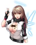  1girl :d arknights bangs belt black_belt black_gloves breasts brown_hair commentary_request cosplay cropped_torso exusiai_(arknights) exusiai_(arknights)_(cosplay) eyebrows_visible_through_hair fingerless_gloves girls_frontline gloves hair_between_eyes halo hand_up ithaca_m37_(girls_frontline) jacket large_breasts long_hair looking_at_viewer momera open_mouth orange_eyes raglan_sleeves short_sleeves simple_background smile solo upper_body w white_background white_jacket 