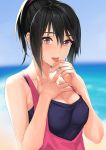  1girl :p bangs bare_arms bare_shoulders black_hair blue_sky blurry blurry_background blush breasts cleavage collarbone crying crying_with_eyes_open depth_of_field hair_between_eyes hand_on_own_chest hand_on_own_face hands_up kazakami_yuu looking_at_viewer medium_breasts ocean original ponytail purple_eyes short_hair sky sleeveless solo streaming_tears tears tongue tongue_out upper_body 