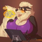  1:1 2_tails absurd_res anthro arcanine big_breasts blush breasts buizel cleavage clothed clothing desk drawing_tablet embarrassed english_text fak&eacute;mon female furniture hi_res huge_breasts hybrid hyper hyper_breasts impaledwolf luna_(buizanine) mane multi_tail nintendo pok&eacute;mon pok&eacute;mon_(species) simple_background slightly_chubby solo text thick_thighs video_games wide_hips 