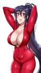  1girl arms_behind_head arms_up blush bodysuit breasts collarbone cowboy_shot eyebrows_visible_through_hair high_school_dxd himejima_akeno large_breasts long_hair looking_at_viewer parted_lips partially_unzipped pink_eyes red_bodysuit simple_background solo standing twrlare white_background 