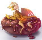  2018 avian beak brown_body brown_fur claws doughnut fan_character feathers feral food food_fetish food_play fur giant_food green_eyes gryphon hasbro hi_res inner_ear_fluff lying male multicolored_body multicolored_fur my_little_pony mythological_avian mythology on_food on_front orange_body orange_feathers pawpads ponsex simple_background solo tail_tuft tan_body tan_fur tuft white_background white_body white_feathers 
