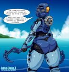  2020 armor bionicle biped breasts curvy_figure detailed_background digital_drawing_(artwork) digital_media_(artwork) female fingers gali hooks humanoid imadeej lego looking_at_viewer looking_back machine mask melee_weapon mouthless not_furry outside polearm robot sea seaside simple_background sky skyline smile solo standing text thick_thighs toa translated voluptuous water weapon wide_hips 