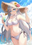  1girl anastasia_(fate/grand_order) bare_shoulders bikini blue_eyes breasts choker cleavage cloud collarbone commentary_request cowboy_shot day earrings eyebrows_visible_through_hair fate/grand_order fate_(series) hair_between_eyes harimoji hat jewelry long_hair looking_at_viewer medium_breasts midriff navel outdoors sky sleeveless solo stomach straw_hat swimsuit white_hair 