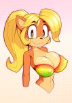  2020 absurd_res activision anthro bandicoot big_breasts black_nose blonde_hair breasts cleavage clothed clothing coco_bandicoot crash_bandicoot_(series) female gradient_background green_eyes hair hi_res long_hair looking_at_viewer mammal marsupial nipple_outline ponytail simple_background smile solo supersegasonicss video_games 