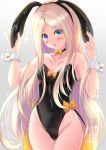  1girl abigail_williams_(fate/grand_order) animal_ears bangs black_leotard blonde_hair blue_eyes bow breasts bunny_ears choker coattails collarbone covered_navel fate/grand_order fate_(series) forehead gradient gradient_background highleg highleg_leotard highres koji45hiro leotard long_hair multiple_bows open_mouth orange_bow parted_bangs small_breasts sparkle strapless strapless_leotard thighs wrist_cuffs 