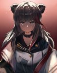  2020 angry animal_humanoid arknights breasts clothing collar female hair half-length_portrait hi_res highlights_(coloring) humanoid jacket jsscj looking_at_viewer mammal mammal_humanoid portrait red_highlights simple_background solo topwear ursid ursid_humanoid zima_(arknights) 
