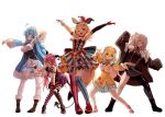  5girls ahoge animal_ears arms_up asymmetrical_horns asymmetrical_legwear beret blonde_hair blue_capelet blue_hair bun_cover capelet fur-trimmed_jacket fur_trim grey_eyes grey_hair hat highres hololive horns image_sample jacket jester_cap lion_ears mano_aloe midriff momosuzu_nene multicolored_hair multiple_girls omaru_polka pointy_ears pose replaceme shishiro_botan sue_(bg-bros) twitter_sample two-tone_hair virtual_youtuber white_background yukihana_lamy 