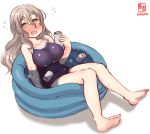  1girl artist_logo barefoot beer_can black_swimsuit blush breasts brown_eyes can collarbone commentary_request competition_school_swimsuit dated drunk grey_hair highres kanon_(kurogane_knights) kantai_collection large_breasts long_hair looking_at_viewer nose_blush partially_submerged pola_(kantai_collection) school_swimsuit simple_background solo swimsuit thick_eyebrows wading_pool water wavy_hair white_background 