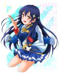  1girl bangs blue_hair commentary_request cosplay dated hair_between_eyes happy_birthday highres jacket jacket_on_shoulders kagura_hikari kagura_hikari_(cosplay) long_hair looking_at_viewer love_live! love_live!_school_idol_project mimori_suzuko open_mouth simple_background smile solo sonoda_umi sparkle_hair_ornament yellow_eyes yuupenman 
