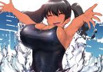  1girl black_hair breasts cleavage closed_eyes dark_skin hair_ornament iku_(ikuchan_kaoru) large_breasts one_eye_closed solo twintails 