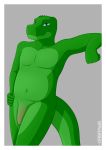  absurd_res alligator alligatorid anthro blue_eyes border crocodilian flaccid genitals green_body green_scales grey_background hi_res looking_at_viewer male navel orbitalis penis reptile scales scalie simple_background slightly_chubby smile solo white_border 