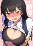  1girl bangs black_hair black_vest blush breasts character_name cleavage_cutout collared_shirt commentary_request dated gloves hair_ornament heart heart_cutout kantai_collection large_breasts long_hair navel nose_blush open_mouth outline oyashio_(kantai_collection) pink_background revision shirt short_sleeves solo taketora_suzume tears upper_body vest white_gloves white_outline white_shirt yellow_eyes 