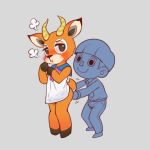  1:1 animal_crossing anthro beau_(animal_crossing) blush bottomless bowl_cut butt butt_grab cervid clothed clothing duo embarrassed hand_on_butt hooves horn human male male/male mammal menhou nintendo school_uniform tsundere uniform video_games villager_(animal_crossing) 