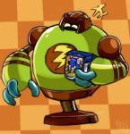  2020 brown_body burntbeebs cereal cereal_box checkered_background dated eyes_closed food green_body happy hi_res holding_food holding_object machine math_robot not_furry overweight pattern_background robot signature simple_background sonic_the_hedgehog sonic_the_hedgehog_(series) sonic_x sonic_x_(leapster) white_eyes 