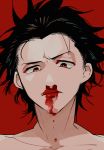 1boy black_hair blood bloody_nose collarbone dripping face hair_slicked_back kyouichi male_focus original red_background red_eyes simple_background solo upper_body 