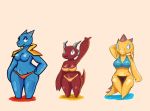  anthro bikini breasts claws clothed clothing digital_media_(artwork) female goopyarts_(artist) group hi_res horn kobold looking_at_viewer navel nude scalie simple_background skimpy small_breasts smile standing swimwear underwear 