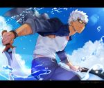  1boy alternate_costume archer belt brown_eyes chest cloud cloudy_sky dark_skin dark_skinned_male denim fate/stay_night fate_(series) glasses hikaru_(asteriskring) jeans kanshou_&amp;_bakuya male_focus muscle open_clothes open_shirt outdoors pants pectorals sky sleeves_rolled_up solo sword tank_top water weapon wet wet_clothes white_hair 