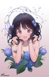  1girl :d black_hair blue_flower blush breasts brown_background commentary_request fangs flower fukumaru_koito gradient gradient_background hair_flower hair_ornament hands_up holding holding_hair hydrangea idolmaster idolmaster_shiny_colors kuri_choko looking_at_viewer nude open_mouth purple_eyes signature small_breasts smile solo twintails twitter_username upper_body water white_background 