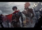  2boys armor back-to-back battlefield belt black_eyes black_hair blonde_hair blurry blurry_foreground cape clawed_gauntlets closed_mouth cloud cloudy_sky gauntlets grey_sky gyudong123 hand_on_hip heterochromia highres male_focus multiple_boys muscle orange_eyes original outdoors pauldrons planted planted_sword planted_weapon red_cape shoulder_armor sky sword torn_cape torn_clothes vambraces weapon 
