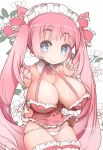  1girl babydoll bangs bare_shoulders blue_eyes blush bow breasts camisole cleavage collarbone covered_navel eyebrows_visible_through_hair flower frilled_bow frills highres large_breasts long_hair looking_at_viewer maid_headdress micro_panties okome_(ricecandy) original panties pink_hair sidelocks simple_background skindentation smile solo twintails underwear white_background white_panties 