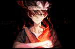  1boy black_background brown_eyes brown_hair chrome_(dr._stone) clenched_hand doran7280 dr._stone fire hair_between_eyes hand_on_own_chest highres short_hair simple_background solo spiked_hair 