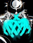  1boy aqua_eyes aqua_gloves asclepius_(fate/grand_order) au_(d_elite) black_background black_headwear blurry fate/grand_order fate_(series) gas_mask gloves greyscale hair_between_eyes hands_together long_hair male_focus mask monochrome signature simple_background solo spot_color 