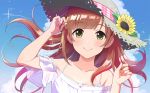  blush brown_hair clouds flowers hat idolmaster idolmaster_cinderella_girls igarashi_kyouko long_hair natsuya sky yellow_eyes 