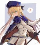  ! 1girl absurdres artoria_pendragon_(all) artoria_pendragon_(caster) blonde_hair blush commentary cowboy_shot eyebrows_visible_through_hair fate/grand_order fate_(series) gloves green_eyes hair_between_eyes hat highres long_hair sheath sheathed solo speech_bubble standing sword twintails weapon yorukun 