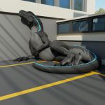  1:1 3d_(artwork) allosaurid allosaurus ambiguous_gender blep city digital_media_(artwork) dinosaur feral hi_res parking_lot racf92 relaxing reptile scalie sleeping solo theropod tongue tongue_out whiteperson ziina 