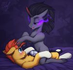  2018 absurd_res bed bedroom_eyes black_body black_fur black_mane black_tail blue_eyes blush chastity_cage chastity_device chest_tuft cowgirl_position duo ears_back equid equine fangs feral friendship_is_magic fur furniture hasbro hi_res horn inner_ear_fluff king_sombra_(mlp) kneeling looking_at_another lying male male/male male_on_bottom male_on_top mammal mane my_little_pony narrowed_eyes on_back on_bed on_bottom on_top open_mouth orange_mane phenyanyanya pivoted_ears red_eyes seductive sex simple_background sunburst_(mlp) tuft unicorn yellow_body yellow_fur 
