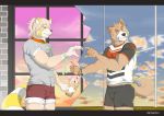  annoyed anthro asian_clothing beverage bubble_tea canid canine canis chinese_clothing clothing domestic_dog duo east_asian_clothing fur gaouu hi_res letterbox male male/male mammal muscular pongotora procyonid raccoon rugby sky sportswear tea uniform 