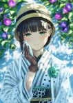  1girl alternate_hairstyle bangs black_gloves black_hair blunt_bangs blurry blurry_background brown_headwear closed_mouth dappled_sunlight day floral_background floral_print flower gloves green_eyes green_flower hand_up handkerchief hat highres japanese_clothes kimono kurosawa_dia lace lace_gloves light_blush long_sleeves looking_at_viewer love_live! love_live!_sunshine!! mole mole_under_mouth obi outdoors papi_(papiron100) polka_dot polka_dot_kimono print_gloves purple_flower sash see-through shade short_hair single_sidelock smile solo striped striped_kimono sunlight upper_body vertical-striped_kimono vertical_stripes white_kimono wiping_face 