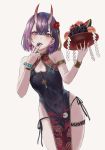  1girl absurdres bare_arms bare_shoulders blush breasts china_dress chinese_clothes dress fate/grand_order fate_(series) food gold_can hair_ornament hand_to_own_mouth hands_up highres horns looking_at_viewer oni oni_horns purple_eyes purple_hair short_hair shuten_douji_(fate/grand_order) simple_background small_breasts strap thighs 