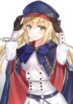  1girl adjusting_headwear arms_up artist_name artoria_pendragon_(all) artoria_pendragon_(caster) bangs belt blonde_hair blue_belt blue_bow blue_cape blue_capelet blush bow bowtie breasts brown_gloves buttons cape capelet closed_mouth commentary_request cowboy_shot double-breasted eyebrows_visible_through_hair fate/grand_order fate_(series) gloves gradient gradient_background green_eyes grey_background hakuda_tofu hand_on_headwear hat highres jewelry long_hair long_sleeves looking_at_viewer multicolored multicolored_clothes o-ring red_cape skirt smile solo translation_request twintails white_background white_skirt 
