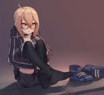  1girl ahoge artoria_pendragon_(all) bike_shorts blonde_hair choker collarbone fate/grand_order fate_(series) glasses hair_between_eyes hair_bun highres k-rha&#039;s looking_at_viewer mysterious_heroine_x_(alter) shoes sitting solo sweat thighhighs yellow_eyes 