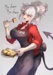  1girl apron bangs belt black_apron black_belt black_pants blurry blurry_background breasts character_name clothes_writing collarbone collared_shirt commentary_request demon_girl demon_horns demon_tail english_text food fork grey_background hand_up helltaker highres holding holding_fork holding_plate horns large_breasts leaning_forward lucifer_(helltaker) medium_hair mixed-language_commentary mole mole_under_eye ohako_(ohako1818) open_mouth pancake pants plate red_eyes red_shirt shirt solo tail upper_teeth white_hair white_horns 