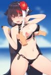  1girl azur_lane bangs bikini black_bikini black_hair blue_eyes blurry blurry_background breast_grab breasts ce-_-3 deutschland_(azur_lane) disembodied_limb fang flower grabbing hair_flower hair_ornament highres large_breasts long_hair lotion lotion_bottle multicolored_hair navel nipples open_mouth red_hair solo_focus swimsuit white_hair 