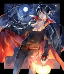  1boy ahoge bangs black_cape black_hair cape closed_mouth cloud cloudy_sky gloves holding holding_lantern kyouichi lantern long_hair male_focus moon moonlight night night_sky original outdoors pointy_ears red_cape red_eyes sky solo tree vampire white_gloves 