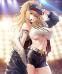  1girl animal_ears arknights arm_up azto_dio bangs bare_shoulders baseball_cap belt black_choker black_jacket black_shorts blonde_hair breasts brown_eyes choker collarbone commentary cowboy_shot ears_through_headwear english_commentary eyebrows_visible_through_hair fur-trimmed_jacket fur_trim groin hair_between_eyes hat headset highres jacket kingdom_of_victora_logo large_breasts lion_ears long_hair long_sleeves looking_at_viewer navel off_shoulder open_clothes open_jacket shirt short_shorts shorts siege_(arknights) sleeveless sleeveless_shirt solo standing stomach underboob white_belt 