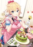  1girl akai_haato apron baking blonde_hair blue_eyes blue_skirt blush breasts cake cake_decoration chocolate chocolate_on_face closed_mouth commentary_request computer copyright_name food food_on_face haaton_(haato_channel) hair_ornament hair_ribbon hair_scrunchie hairpin highres hololive indoors kitchen knife laptop licking_lips long_hair medium_breasts pastry_bag pink_apron pink_scrunchie recipe_(object) red_ribbon ribbon scrunchie shiokazunoko short_sleeves skirt smile solo tongue tongue_out very_long_hair virtual_youtuber 