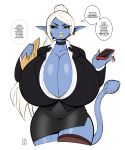 big_breasts blue_body blue_skin bottomwear breasts clothing demon ear_piercing ear_ring english_text female hair hi_res huge_breasts humanoid_pointy_ears legwear looking_away nipple_outline not_furry phone piercing skirt solo speech_bubble text thehelmetguy thigh_highs white_hair 