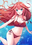  1girl :d absurdres ahoge air_bubble aqua_eyes bangs bare_arms bare_legs bare_shoulders bikini blush breasts bubble cleavage collarbone commentary_request eyebrows_visible_through_hair feet_out_of_frame glint go-toubun_no_hanayome hair_ornament highres large_breasts layered_bikini long_hair looking_at_viewer nakano_itsuki navel open_mouth red_bikini red_hair red_ribbon rei_(ilust9999) ribbon side-tie_bikini smile solo star_(symbol) star_hair_ornament stomach swimsuit underwater very_long_hair 