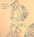  anthro antlers beastars canid canine canis cervid cervine clothed clothing duo horn legoshi_(beastars) louis_(beastars) male mammal monochrome musical_note red_deer scar simple_background simple_shading sparkles wolf wuffinarts 