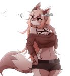 anthro bottomwear canid canine clothing crop_top dipstick_tail female fox hi_res hotpants kymma kymmafox mammal multicolored_tail shirt shorts shoulderless_shirt solo thong_straps topwear 
