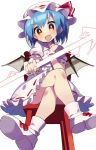  1girl :d absurdres bat_wings blue_hair boots breasts crossed_legs eyebrows_visible_through_hair fang hat hat_ribbon highres mob_cap open_mouth orange_eyes puffy_short_sleeves puffy_sleeves red_ribbon remilia_scarlet ribbon ribbon_trim sakaki_(utigi) short_hair short_sleeves sitting small_breasts smile solo spear_the_gungnir touhou v-shaped_eyebrows white_footwear white_headwear wings 