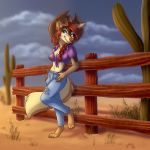  1:1 anthro breasts cactus canid canine canis cleavage clothed clothing cloud cowboy_hat domestic_dog female fence hat headgear headwear hi_res mammal nivarra sky smile solo 