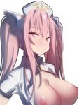  1girl azur_lane bangs breasts breasts_outside eyebrows_visible_through_hair hair_ribbon hat large_breasts long_hair nanaken_nana nipples nurse nurse_cap perseus_(azur_lane) perseus_(nursery_service_time)_(azur_lane) pink_eyes pink_hair ribbon short_sleeves sidelocks simple_background solo twintails upper_body white_background 
