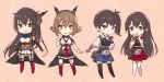  4girls akagi_(kantai_collection) apron black_eyes black_gloves black_hair blue_hakama brown_gloves brown_hair chibi elbow_gloves fingerless_gloves flight_deck full_body gloves green_eyes hairband hakama hakama_skirt headgear japanese_clothes kaga_(kantai_collection) kantai_collection kasumi_(skchkko) leaning_forward long_hair looking_at_viewer miniskirt multiple_girls muneate mutsu_(kantai_collection) nagato_(kantai_collection) partly_fingerless_gloves pleated_skirt red_eyes red_hakama red_legwear remodel_(kantai_collection) short_hair side_ponytail single_glove skirt tasuki thighhighs white_gloves white_legwear yugake 